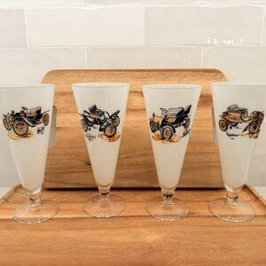 Set of 4 White Painted Pilsner Car Glasses Buick Oldsmobile‎ Cadillac Rambler